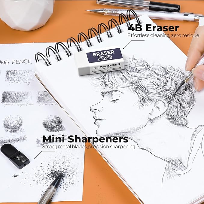 Nicpro 6 PCS Art Mechanical Pencils Set with Case, Drafting Pencil 0.5 & 0.7 & 0.9 mm and 3PCS 2mm Lead Holder (4B 2B HB 2H Colors) For Art Writing, Sketching Drawing,With Lead Refills Erasers