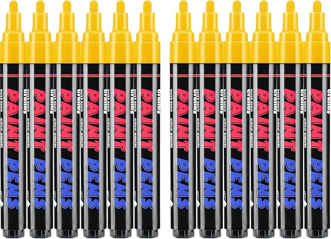 Yellow Paint Pens Paint Markers - 12 Pack Permanent Quick Dry Waterproof Marker Pens for Rocks Wood Fabric Plastic Canvas Glass Mugs Metal Tire Stone