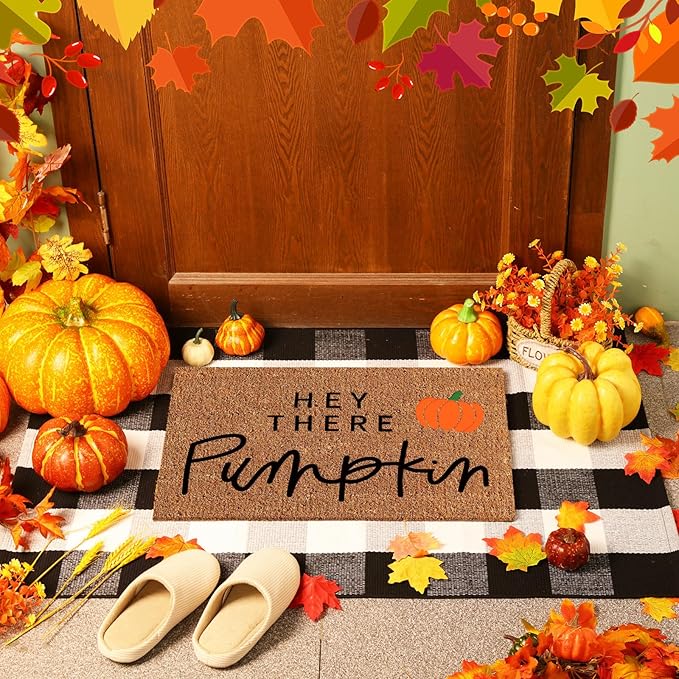 2 Pcs Fall Coir Doormat Outdoor Hey Pumpkin Welcome Outdoor Rugs for Layered Buffalo Black White Plaid Mats for Thanksgiving Autumn Fall Front Door Porch Entryway Decor