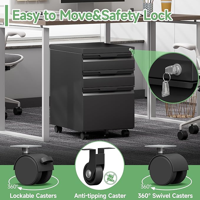 3 Drawer Mobile File Cabinet with Lock,Under Desk Metal Filing Cabinets with Wheels for Home Office Organizer Letters/Legal/A4(Easy Assemble-Black)