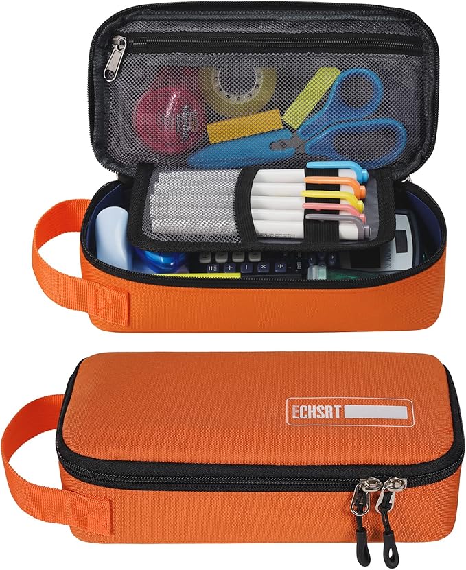 ECHSRT Pencil Case for Men Women, Large Pen Bag for Adults, Portable Pencil Pouch Aesthetic with Handle, Zipper Cases for Office Organizer Orange