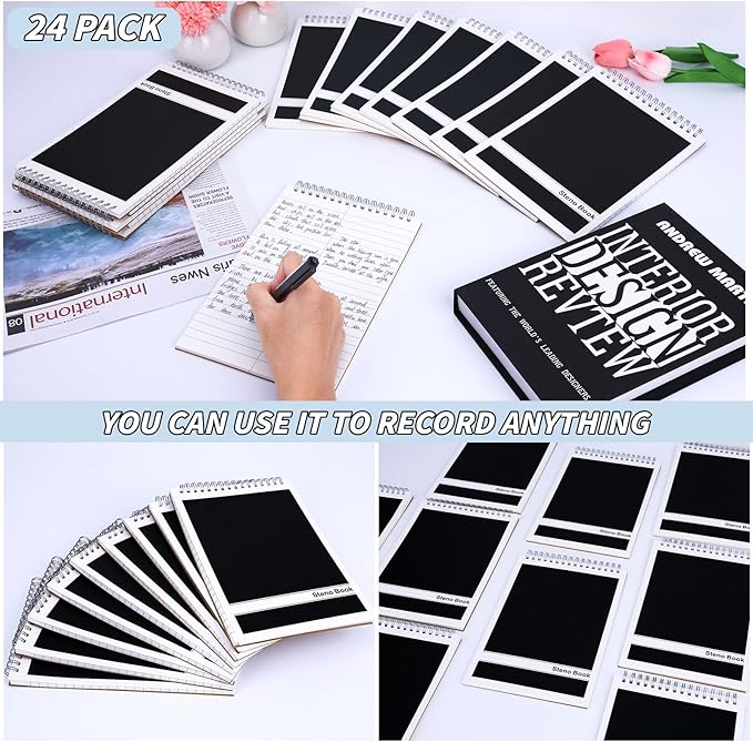 24 Pack Black Steno Pads 6 x 9 in Spiral Top Notebooks Bulk Note Pads 60 Sheets Gregg Rule Writing Paper Steno Notebooks for Students Teachers Men Women Professionals Office School Recording work