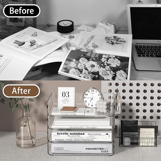 4-Tier Stackable Paper Tray Organizer for Desk with Detachable Hanging Pen Cup - Durable PET Desktop Paper Organizer, Space-Saving Desk Accessory