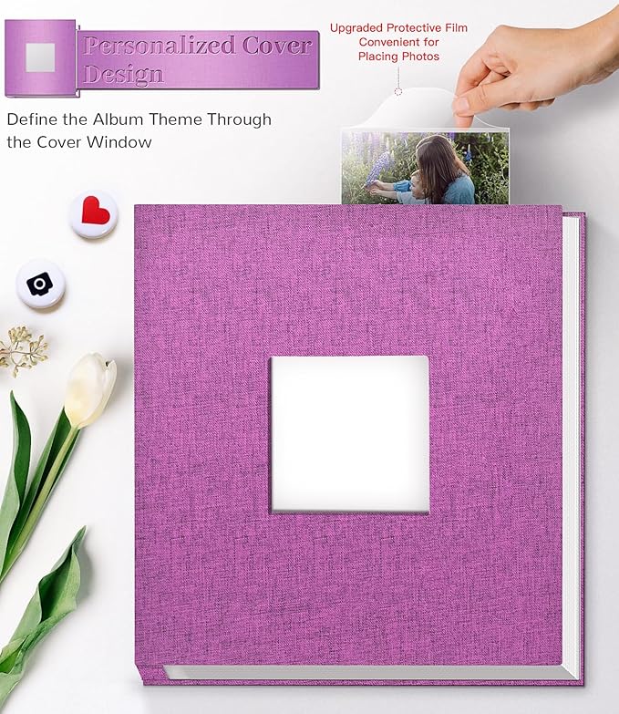 Photo Album Self Adhesive Scrapbook Album for 3x5 4x6 5x7 8x10 Pictures,120 Pages Linen Cover with Display Window DIY Photo Book,Ideal Gifts for Family Travel Wedding Baby