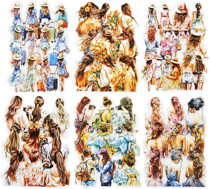 120Pcs PET Scrapbook Stickers, Girl Back Designs for Scrapbooking, DIY Crafts, Journaling Supplies, Junk Journal Ephemera, Includes Organizer