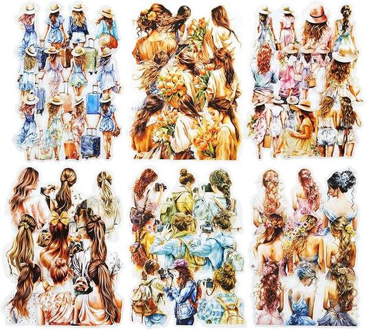 120Pcs PET Scrapbook Stickers, Girl Back Designs for Scrapbooking, DIY Crafts, Journaling Supplies, Junk Journal Ephemera, Includes Organizer