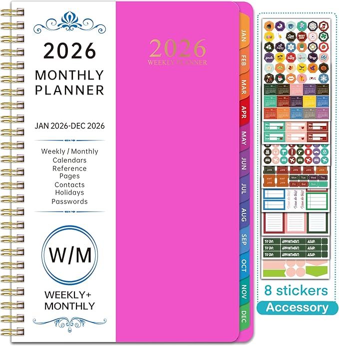 2026 WeeklyMonthlyand Yearly Planning Calendar with 8 Stickers, 6" x 8.25" Planner, Softcover, Spiral Bound, Laminated Labels, Laurel Series (Red)