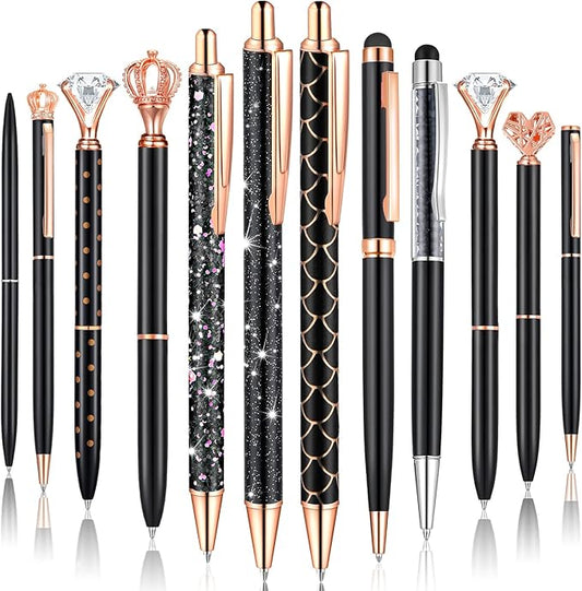 12 Pcs Diamond Pens Metal Liquid Sand Glitter Cute Ballpoint Pen Set Girly Crystal Pen Women Ballpoint Pen Black Ink Ball Point Pen Gift for Women Office Supplies School Wedding Party Desk (Black)