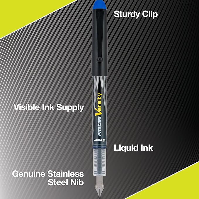 PILOT Pen 90029 Precise Varsity Pre-Filled Fountain Pens, Medium Point Stainless Steel Nib, Black/Blue/Red/Pink/Green/Purple/Turquoise, 7-Pack Pouch