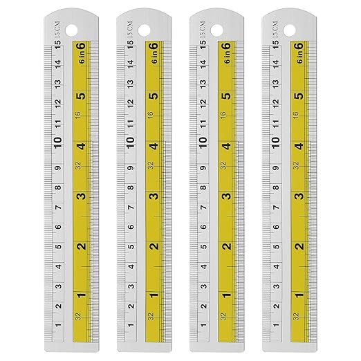 HARFINGTON 4pcs Metal Straight Ruler 15cm Metric SAE Aluminum Alloy Measuring Rulers Scale Tool with Hole for Measure Study Reading Classroom Office, Yellow