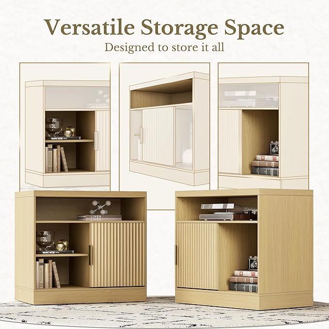 Fluted File Cabinet with Door, 32'' Lateral File Cabinet with Open Adjustable Shelves, Wood Filing Cabinet with Sliding Door for Home Office, Light Walnut