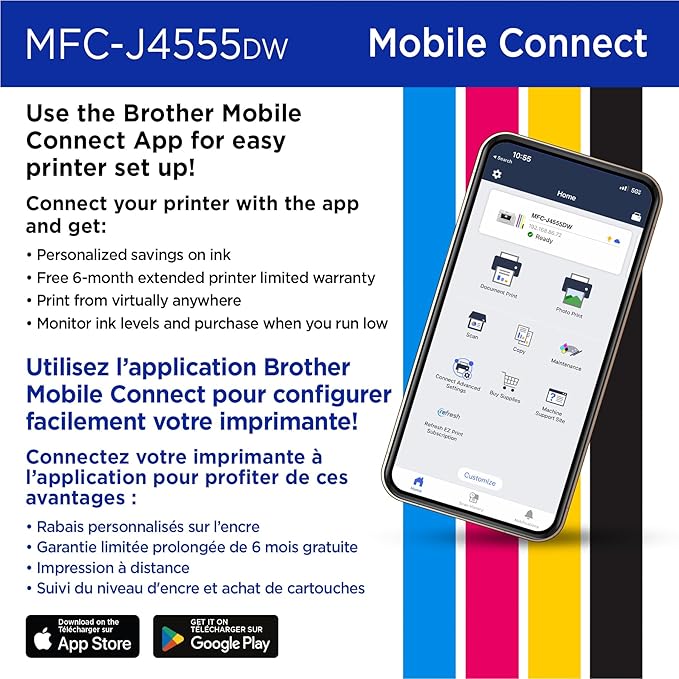 Brother INKvestment 4555 Wireless Color Inkjet All-in-One Printer with 2.7” Color Touchscreen and 2 Paper Trays | Includes Refresh Subscription Trial(1) (MFC-J4555DW)