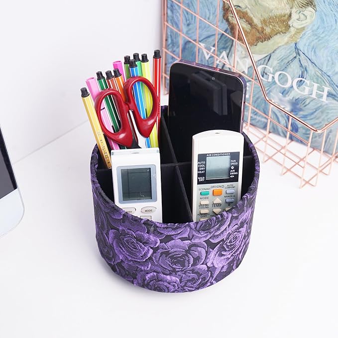 QIELIZI Round Leather Art Supply Organizer,Remote Control Holder,360 Degree Rotating,Multi-Functional Pencil Holder,4 Compartments Desktop Stationary Organizer(1-3D Rose Purple)