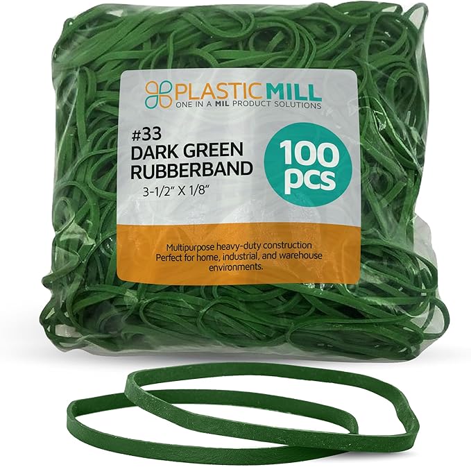 PlasticMill Dark Green Rubber Bands Size 33 (3 1/2" x 1/8") - #33 Colored Rubber Bands Office Supplies - Strong, Elastic Bands for Crafts, Balloon Garland, Cash, File Folders (100-Pack)