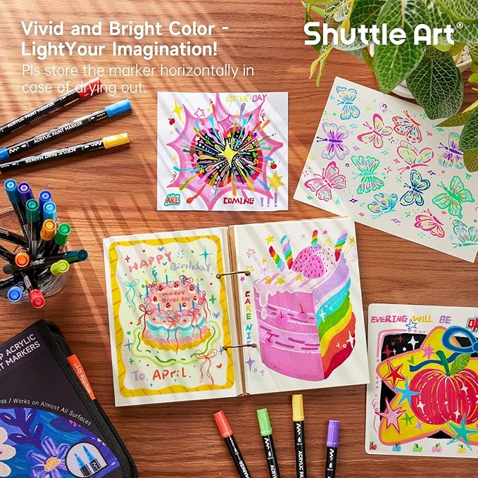 Shuttle Art 80 Colors Dual Tip Acrylic Paint Markers, Brush Tip and Fine Tip Acrylic Paint Pens for Rock Painting, Ceramic, Wood, Canvas, Plastic, Glass, Stone, Calligraphy, Card Making, DIY Crafts