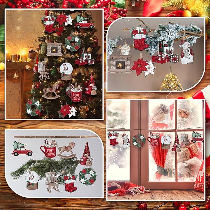 Huwena 36 Pcs Christmas Wooden Ornaments Red White Christmas Decorations for Tree Snowman Gnomes Poinsettia Flowers Truck Wreath Wood Cutouts Tags with Ropes Winter Decor for Xmas Tree Gifts