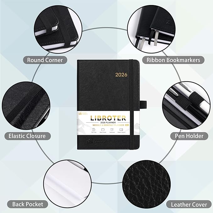 2026 Planner - Planner 2026, 2026 Weekly Monthly Planner, Jan.2026 - Dec.2026, 5.7'' x 8.4'', Thick Paper, Leather Cover, Pen Holder, Back Pocket, Bookmarks, Perfect Daily Organizer - Black