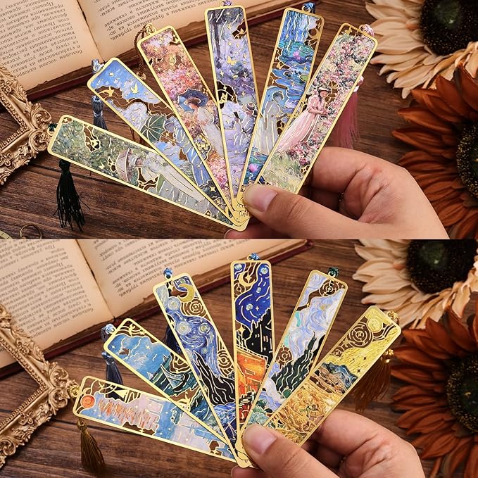 12 Pieces Metal Bookmarks with Tassel, Golden Hollow Bookmark Oil Painting Theme Girl Book Mark Bookmarks for Book Lovers Writers Readers Children Teens Men Women Adults