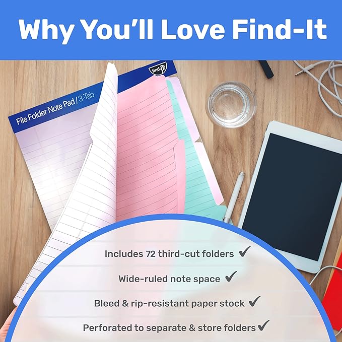 Find It File Folder Notepad - Pack of 72-9.5 x 12.5 Inch Notebook Organizer Folders for Filing, Document, and Clipboard Organization - Tie-Die