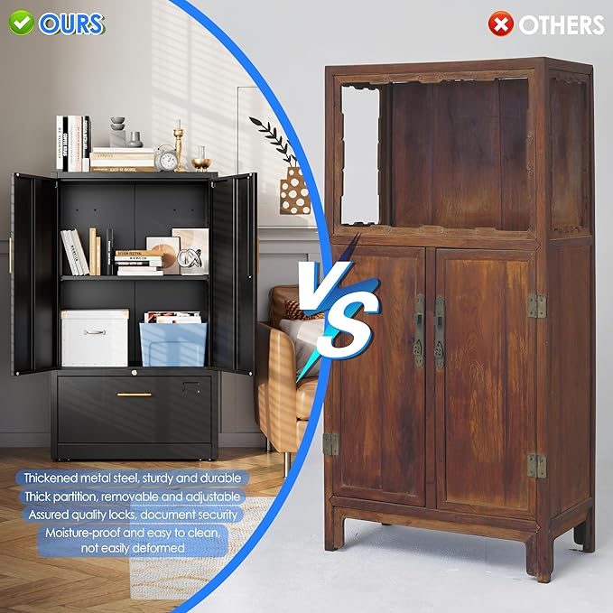 1 Drawer Lateral File Cabinet with Lock, Metal Filing Storage Cabinet with Locking Doors and Adjustable Shelf for Home, Office, School, Fits A4/Letter/Legal Size Folders, Black