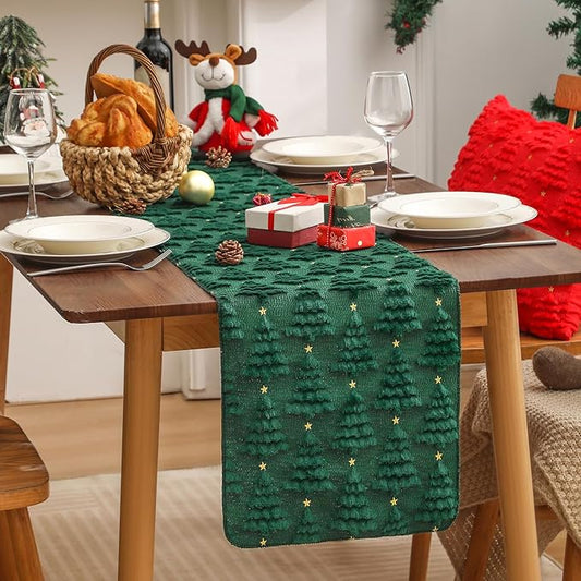 Christmas Table Runner 13x108 Inch, Xmas Trees Star Winter Holiday Decorative Farmhouse Table Decorations for Kitchen Dinning, Indoor Outdoor Dinner Party Decor (Green)