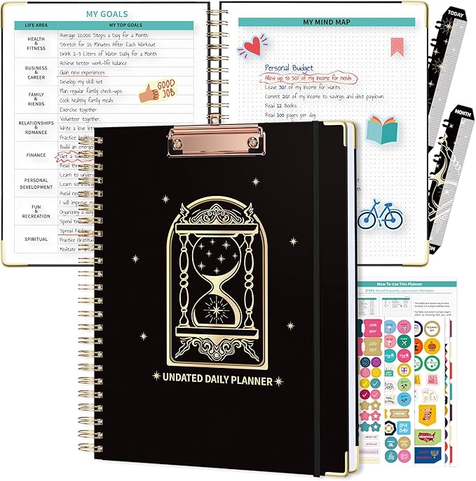 Ospelelf Spiral Bound Undated Daily Weekly Monthly Student Planner 2025 - Black Hourly Work Planner, Hardcover, 8.5 x 11