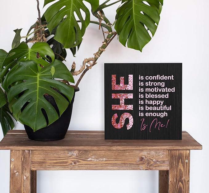 SRADMO Inspirational Woman Affirmation Wood Box Sign, Feminist Gifts, Female Women Empowerment Gifts, Motivational Positive Wooden Block Box Sign Decoration for Home Shelf Table Decor(Black), 8x8 Inch