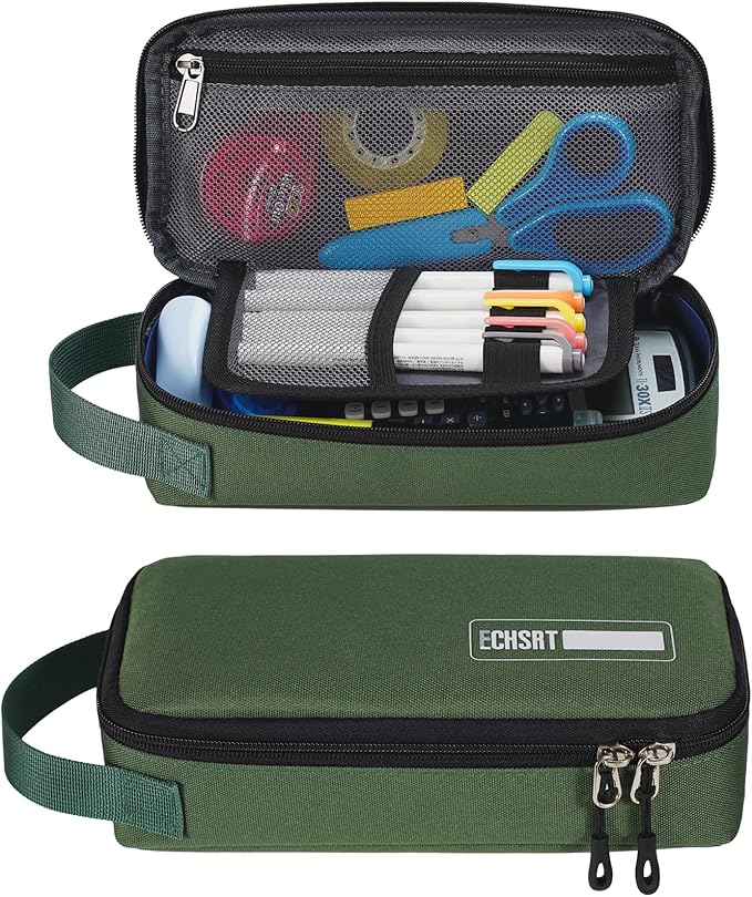 ECHSRT Pencil Case for Men Women, Large Pen Bag for Adults, Portable Pencil Pouch Aesthetic with Handle, Zipper Cases for Office Organizer Green Pencil Cases