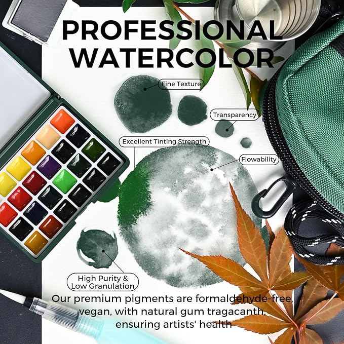 Funto Mini Watercolor Paint Set, All-In-One 24-Color Travel Paint Kit, with Crossbody Bag, Watercolor Journal, Paint Water Cup, Pocket Set for Artists