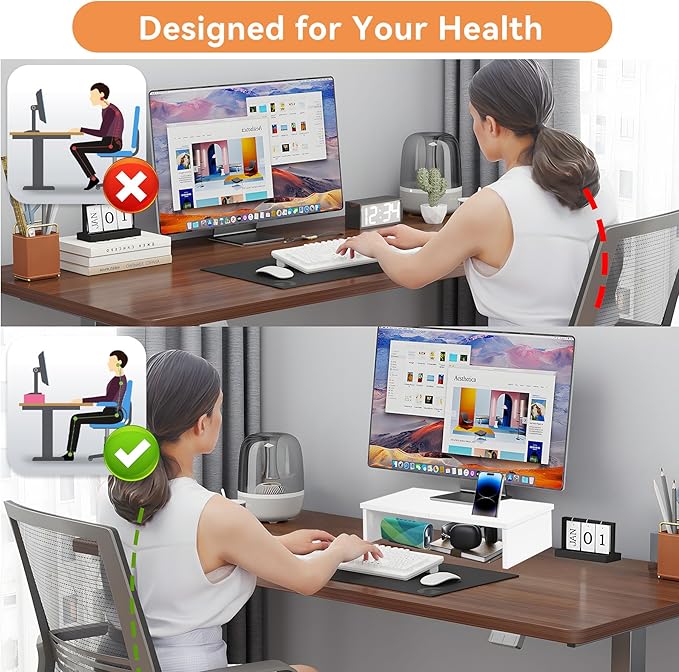 21" Monitor Stand Riser with LED Lights and Phone Holder, Monitor Stand for Desk, Computer Monitor Stand, Desk Shelf for Top of Desk, Desktop Organizer for Laptop, Printer, TV