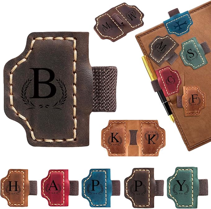 Custom Bygone Mark Bookmark with Pen Holder, 26 Letters Name Initial Personalized Magnetic Leather Bookmark, Gifts for Book Lovers, Readers, Travelers, Leather Book Marks (Dark Brown, B)