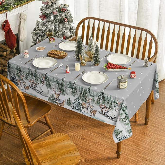 Horaldaily Christmas Tablecloth 52×70 Inch Rectangular, Deers Snowman Trees Grey Washable Table Cover for Party Picnic Dinner Decor
