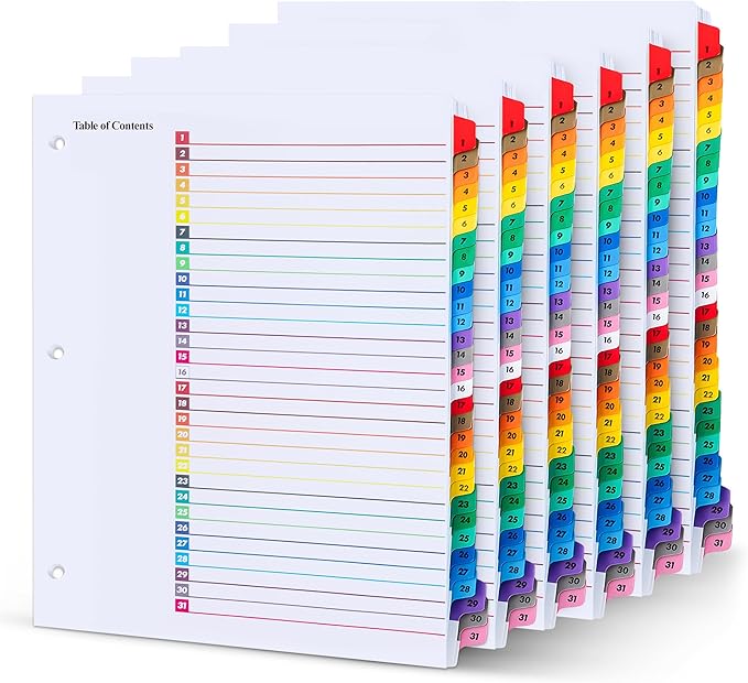 Tab Dividers for 3 Ring Binders – 6 Sets, 1–31 Numbered Index Dividers with Table of Contents – 8.5 x 11 in, 3-Hole Punched – Binder Dividers for School, Office, Filing, Organizing - 6 Pack
