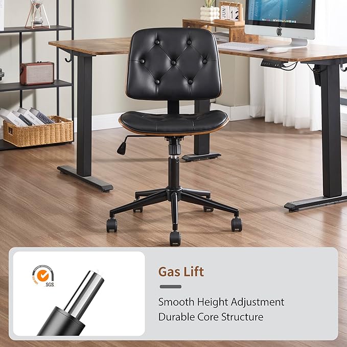 Small Home Office Chair - Armless Mid Back Desk Chair with 360° Swivel and Wheels, PU Upholstered Height Adjustable Modern Walnut Computer Chair for Home, Office Meeting Room - Black