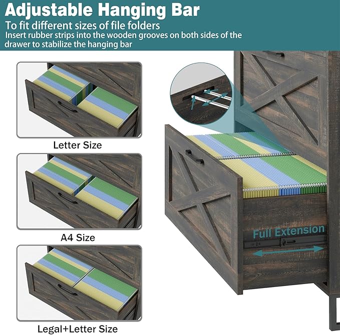 Lateral File Cabinet 2 Drawer File Cabinet with Charging Station for Legal/Letter/A4 Size Hanging Files, Modern Farmhouse Large Wood File Storage Cabinet for Home Office Furniture(Dark Rustic Oak)