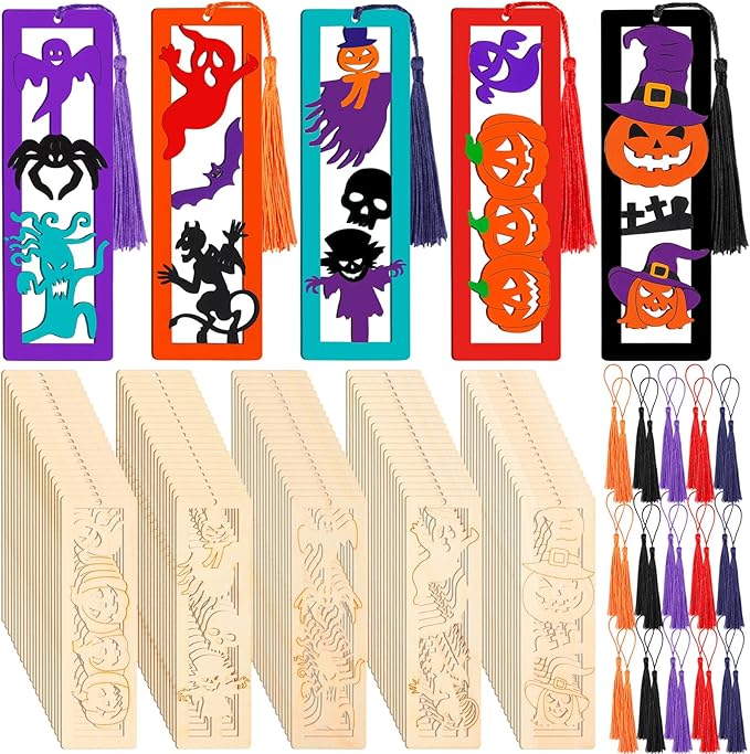 Yexiya 200 Pcs Halloween DIY Wood Bookmarks Kit Unfinished Color Your Own Hollow with Tassel 100 Set Back to School Art Ghost Spider Skull Pumpkins Supplies for Students Thanksgiving Reward Fillers