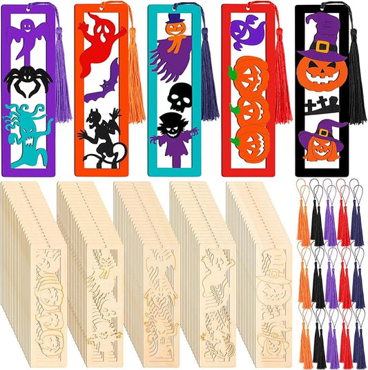 Yexiya 200 Pcs Halloween DIY Wood Bookmarks Kit Unfinished Color Your Own Hollow with Tassel 100 Set Back to School Art Ghost Spider Skull Pumpkins Supplies for Students Thanksgiving Reward Fillers