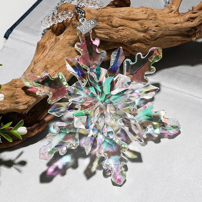 2024 Annual Edition Snowflake Crystal Christmas Ornaments,Christmas Tree Ornaments Crystal Sun Catcher Home Hanging Decor (2024Colorful)