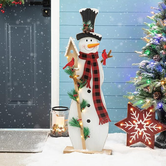 Glitzhome 36" H Lighted Wooden Christmas Snowman Porch Sign Standing Snowman with Birdhouse Porch Decor Rustic Merry Christmas Welcome Sign Holiday Party Outdoor Indoor Xmas Decorations