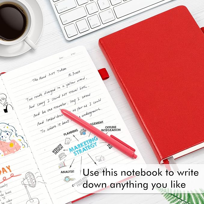 feela 5 Pack Journal Notebook Bulk for School, Hardcover Business Notebooks Classic Ruled Lined Journals with Pen Holder for Work Note Taking, with 5 Black Pens, 120 GSM, 5.1”x8.3”, A5, Red