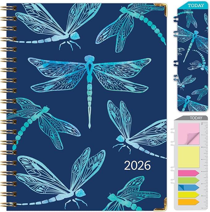 HARDCOVER 2026 Planner, 8.5"x11": 14 Months (November 2025 - December 2026), Daily Weekly Monthly Planner, Yearly Agenda, Bookmark, Pocket Folder and Sticky Note Set (Dragonflies)