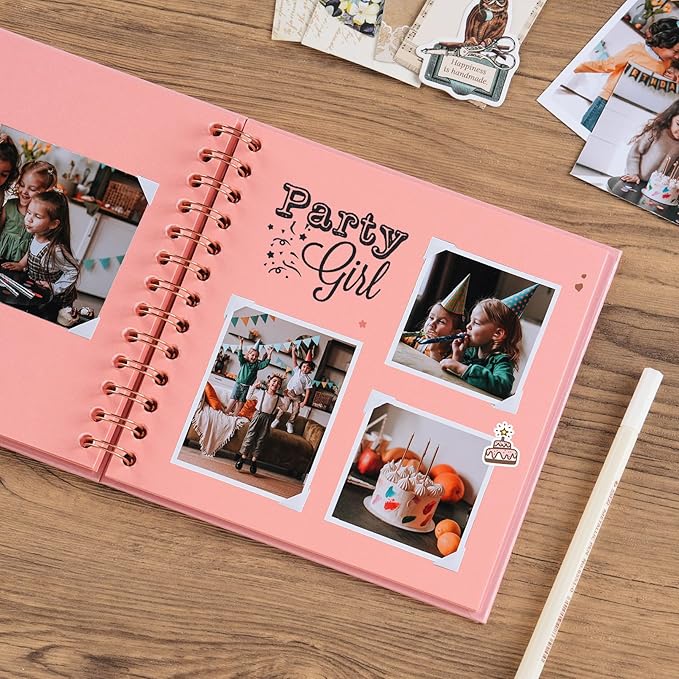 potricher 7 x 7 Inch DIY Scrapbook Album 40 Pages Hardcover Kraft Paper Scrap Book Photo Albums Memory Book for Wedding and Anniversary Family (Pink, 7 Inch)