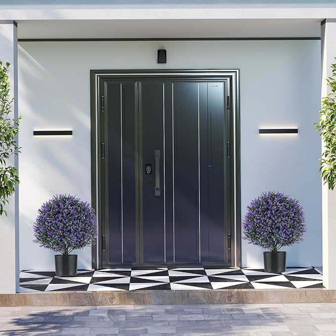 Goplus 21.5’’ Artificial Lavender Topiary Ball Tree, Set of 2 Faux Potted Plants Artificial Shrubs Bushes with Flowers, Fake Evergreen Artificial Topiary for Indoor Outdoor Home Front Porch Decor