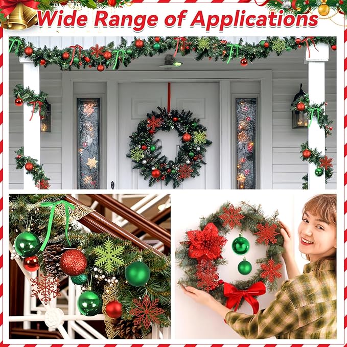 86Pcs Led Light Red and Green Christmas Tree Decorations Set 100 Led Light Christmas Star Trees Topper with String Lights Xmas Balls Snowflakes Ornaments Bows Xmas Trees Decor 20m Light String