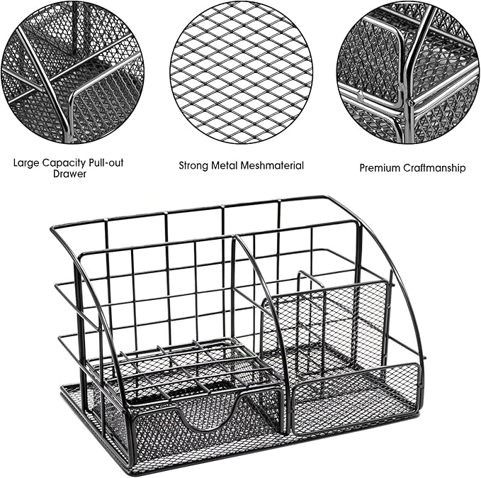 Black Desk Organizers and Accessories Office Supplies Set Stapler, Pen Holder, Phone Holder, Scissors, Pen, Ruler, 30 Paper Clips, 22 Binder Clip, 20 Tacks and 1000pcs Staples