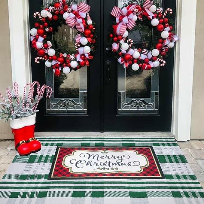 Christmas Plaid Outdoor Rug, 3' x 5' Green&White Checkered Indoor/Outdoor Area Rug, Layering Rug for Hello/Welcome Door Mat, Machine Washable Cotton Woven Rug for Farmhouse Front Porch, Entryway