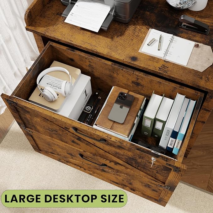 2 Drawer File Cabinet with Lock, Modern Farmhouse Filing Cabinet for Legal/Letter/A4 Size Hanging Files, Large Wood File Cabinets for Home Office