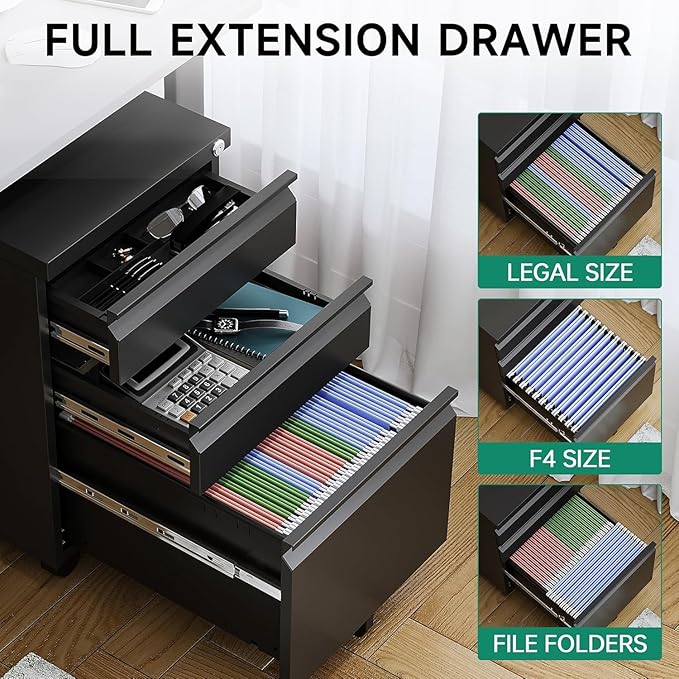 Letaya 3 Drawer Mobile File Cabinet with Lock, Under Desk Metal Rolling Filing Cabinets for Home Office Organizer Letters/Legal/A4 (Black- Requires Installation) (Black)
