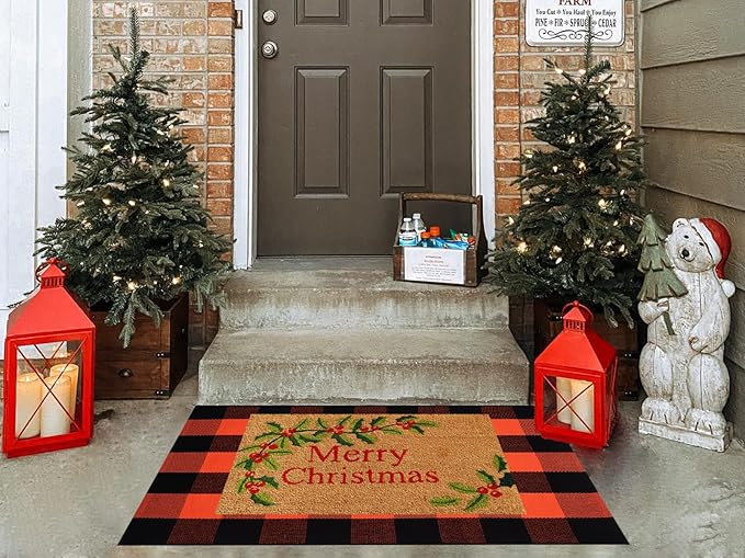 Ckorzen Fall Plaid Rug 28" x 43", Orange and Black Buffalo Check Front Porch Outdoor Layered Doormat, Cotton Hand-Woven Washable Rug for Halloween Thanksgiving Autumn Decor