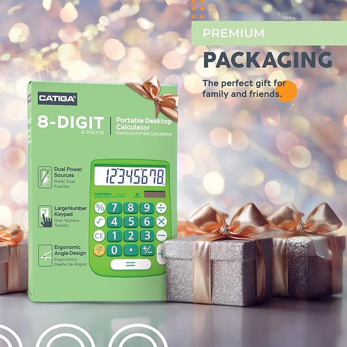 CATIGA Desktop Calculator 8 Digit with Solar Power and Easy to Read LCD Display, Big Buttons, for Home, Office, School, Class and Business, 4 Function Small Basic Calculators for Desk, CD-8185